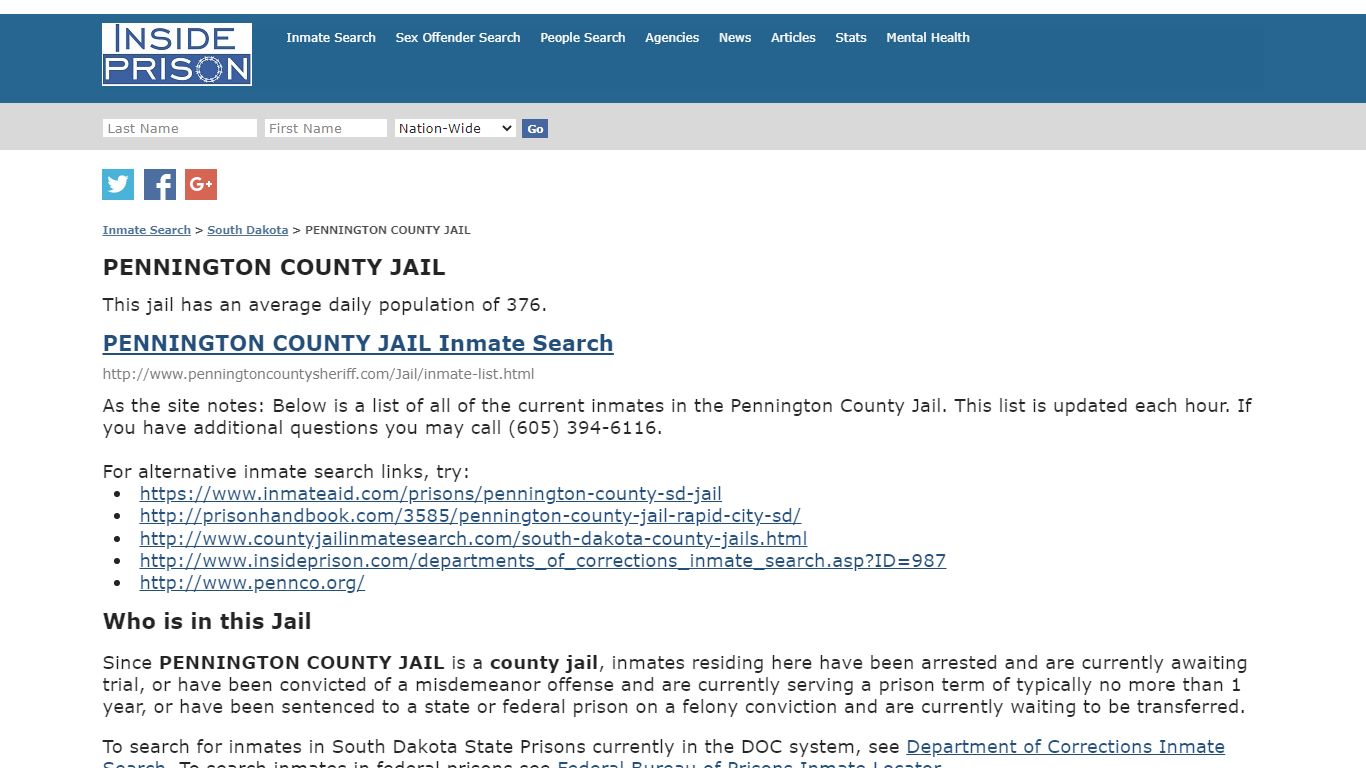 PENNINGTON COUNTY JAIL - South Dakota - Inmate Search
